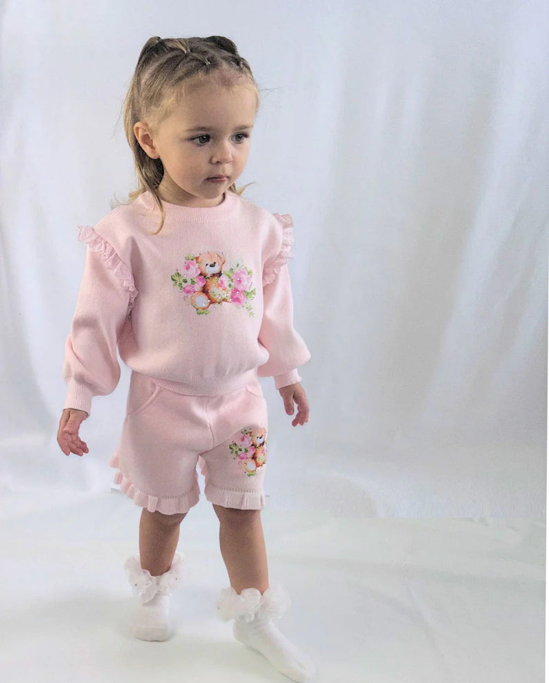 Beau Kid Girls Pink 2 Piece Knitted Teddy Bear Short Set