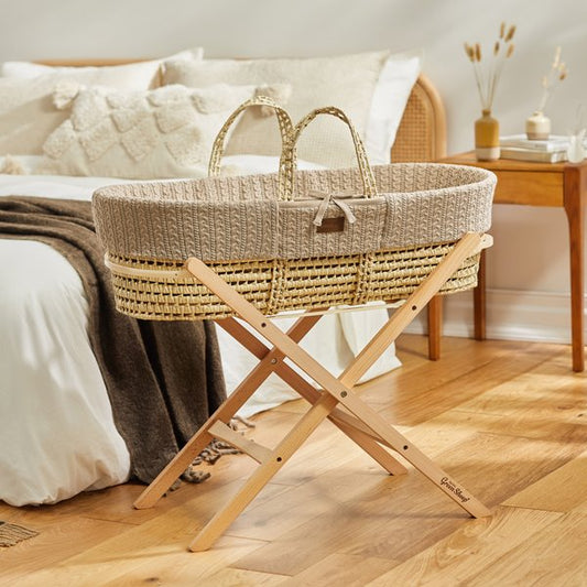 The Little Green Sheep Organic Knitted Moses Basket, Mattress & Natural Foldable Stand - Truffle