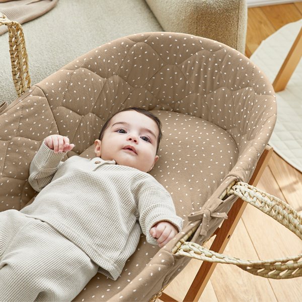 The Little Green Sheep Natural Quilted Rice Moses Basket + Natural Rocking Stand - Truffle