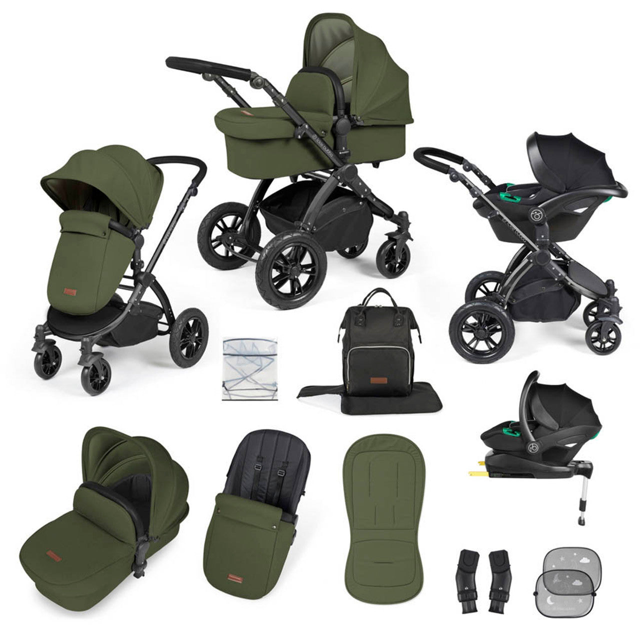 Ickle Bubba Stomp Luxe 12 Piece Cirrus Travel System + Isofix Base - Woodland/Black/Black