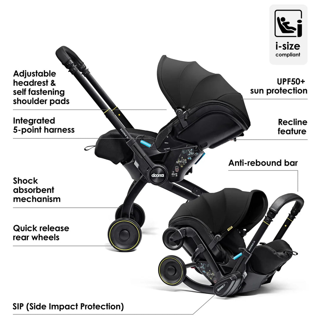 Doona X Recline Car Seat Stroller with Isofix Base Rain Cover Bundle Nitro Black