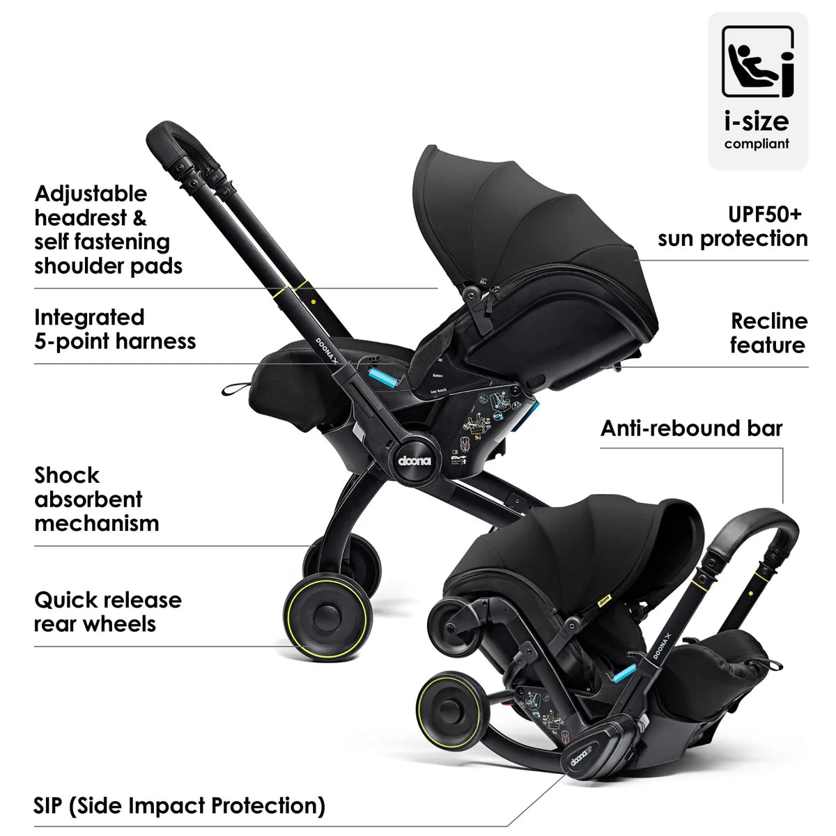 Doona X Recline Car Seat & Stroller with Isofix Base & Rain Cover Bundle - Nitro Black + FREE Essentials Bag Worth £54.99!