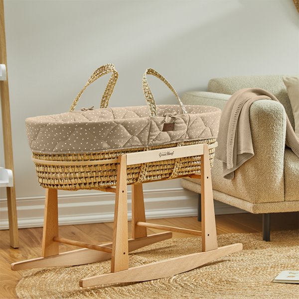 The Little Green Sheep Natural Quilted Rice Moses Basket + Natural Rocking Stand - Truffle