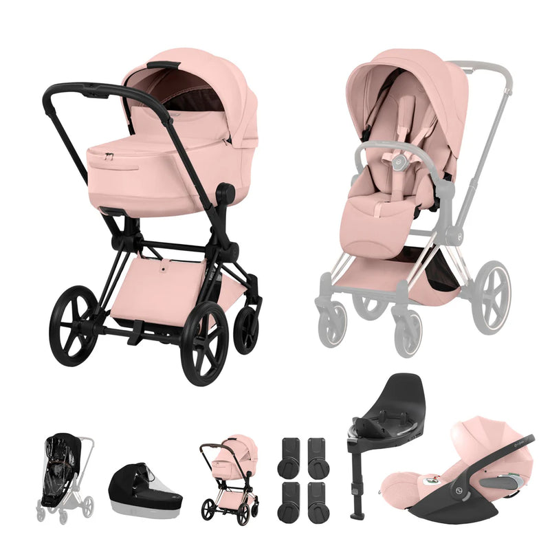 Cybex Priam Style Luxury Travel System Bundle Inc Foldable Carrycot - Peach Pink/Matt Black