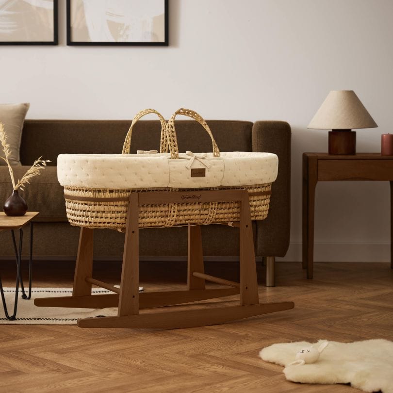 The Little Green Sheep Organic Dimple Quilted Moses Basket, Mattress & Walnut Rocking Stand - Linen