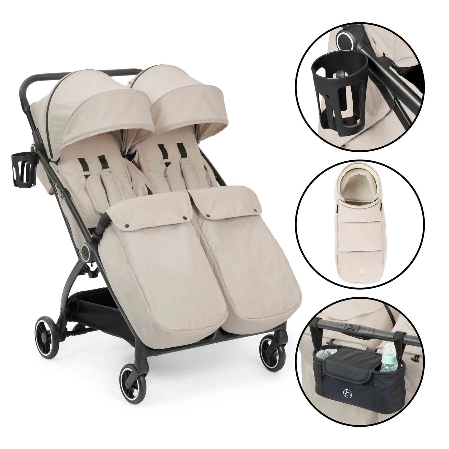 Ickle Bubba Aries Double Prime Autofold Stroller Bundle - Stone