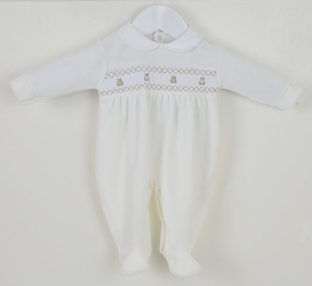 Pex Teddy Smocked Sleepsuit - Ivory: Newborn