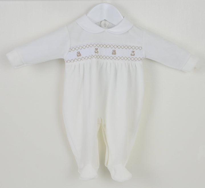 Pex Teddy Smocked Sleepsuit - Ivory: Newborn