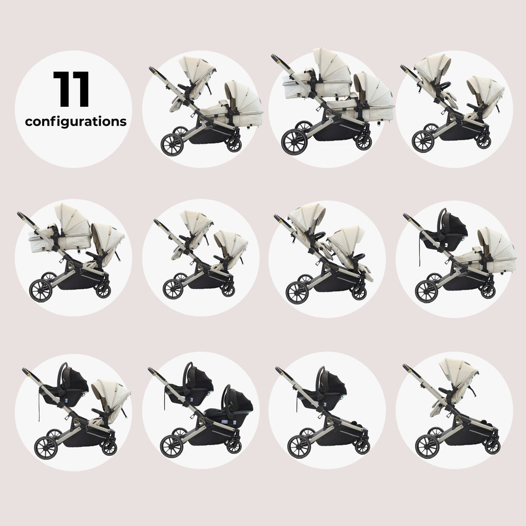 My Babiie MB33 Tandem Pushchair with 2 Infant Carriers & 2 Bases - Ivory