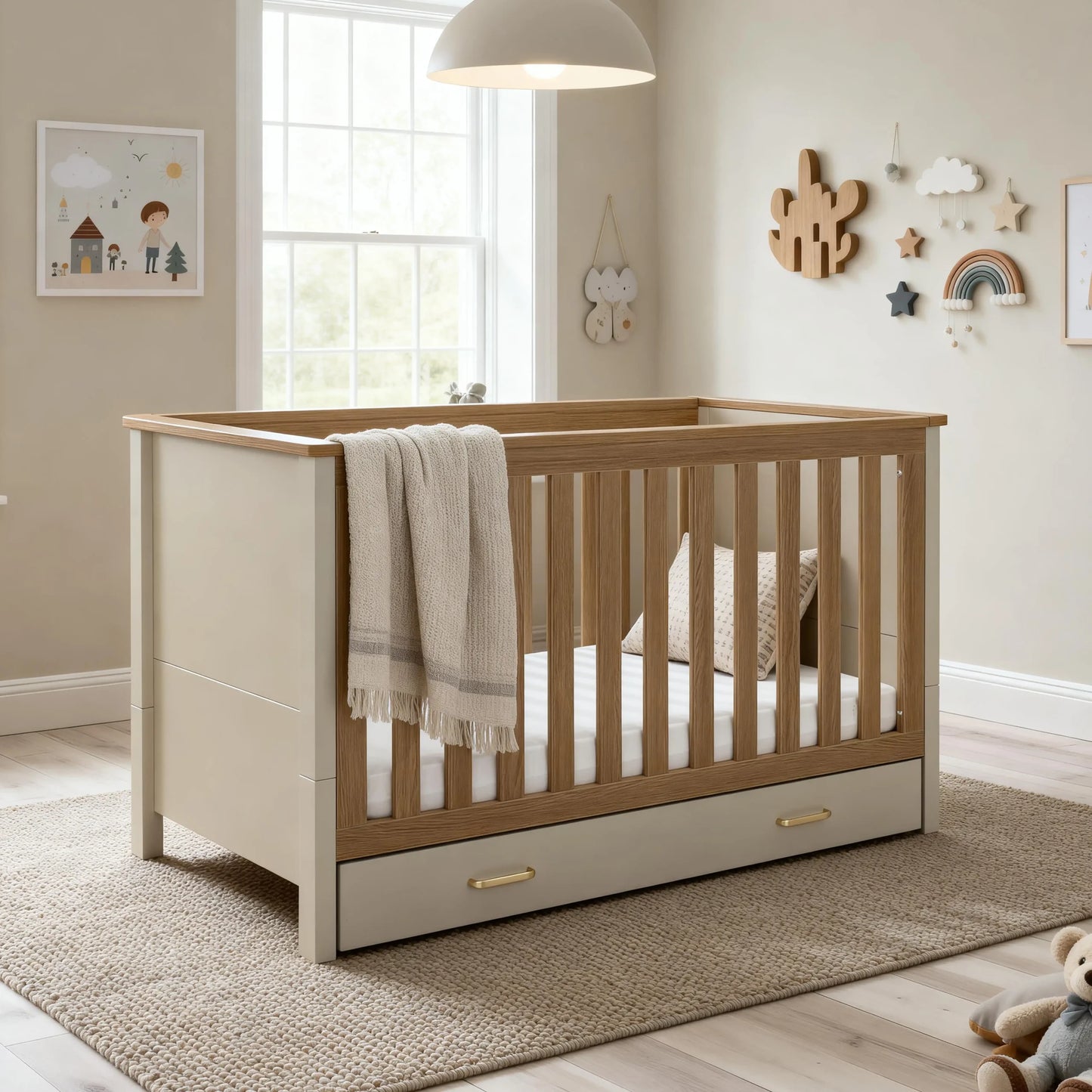 Babymore Mira Cot Bed – Cashmere Warm Oak
