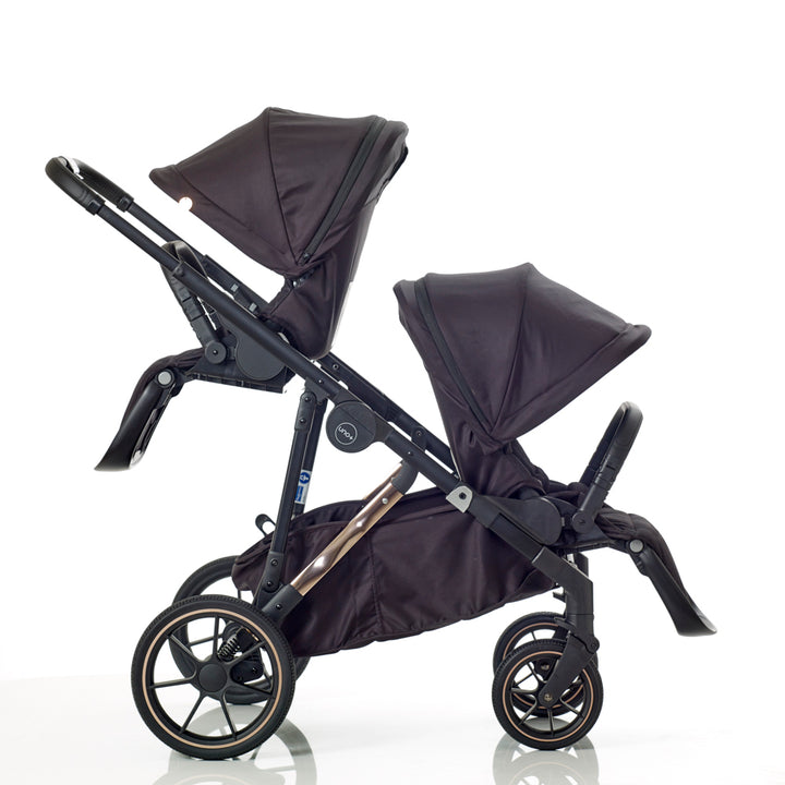 Mee-Go UNO+ Twin Tandem Travel System Bundle Inc Joie I-Snug + Encore 360 Bases - Black/Rose