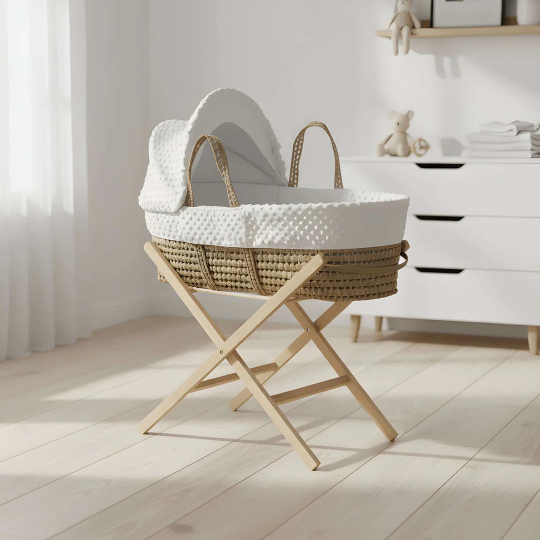 Clair De Lune Dimple Palm Moses Basket With Stand & Bedding Bundle