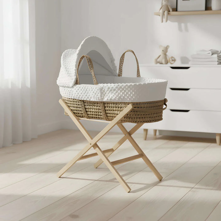 Clair De Lune Dimple Palm Moses Basket With Stand & Bedding Bundle