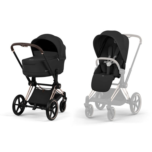 Cybex Priam Comfort Pushchair & Foldable Carrycot - Sepia Black/Rose Gold