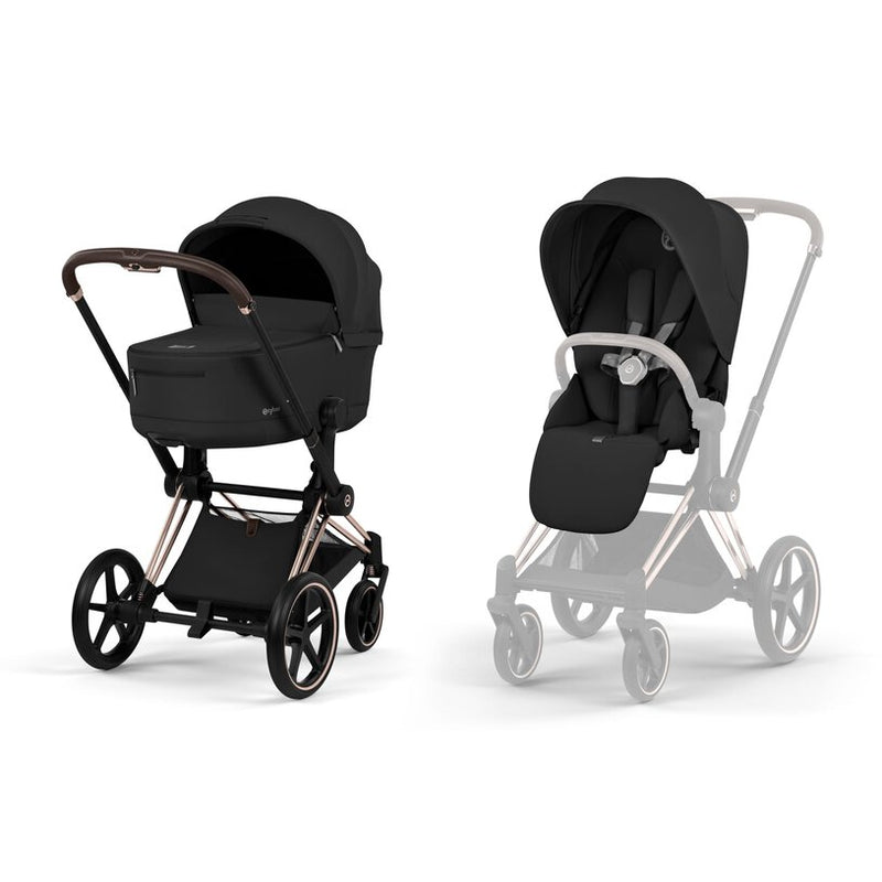 Cybex Priam Comfort Pushchair & Foldable Carrycot - Sepia Black/Rose Gold