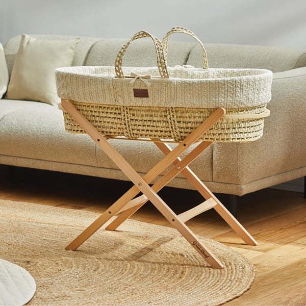 The Little Green Sheep Organic Knitted Moses Basket, Mattress & Natural Foldable Stand - Linen