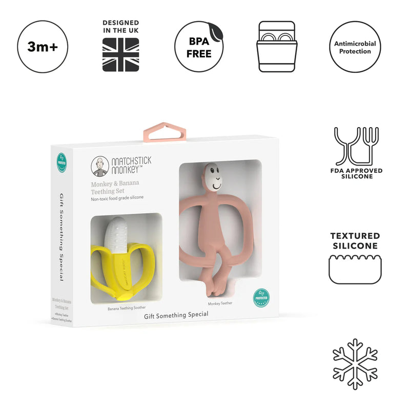 Matchstick Monkey & Banana Teether Gift Set - Dusty Pink