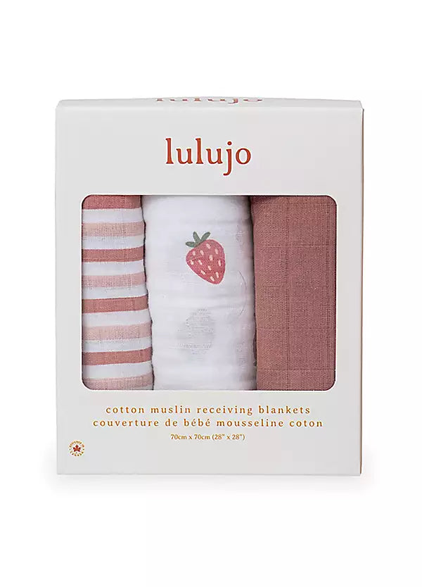 Lulujo 3 Pack Mini Muslin Cloths - Strawberries