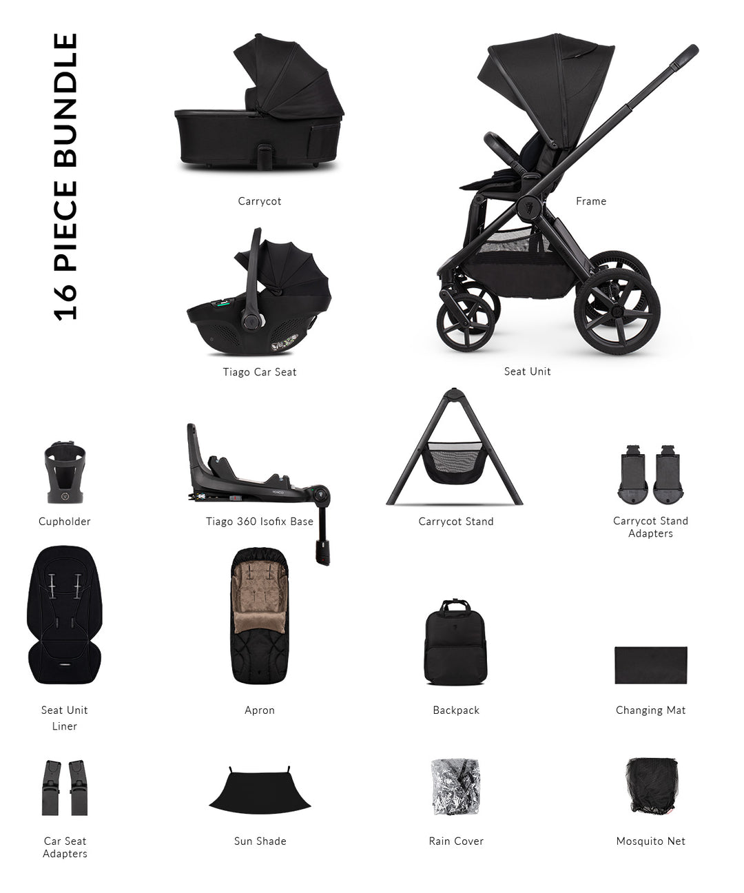 Venicci Upline3 Travel System Inc Tiago Car Seat & 360 Base 16 Piece Ultimate Bundle - Onyx