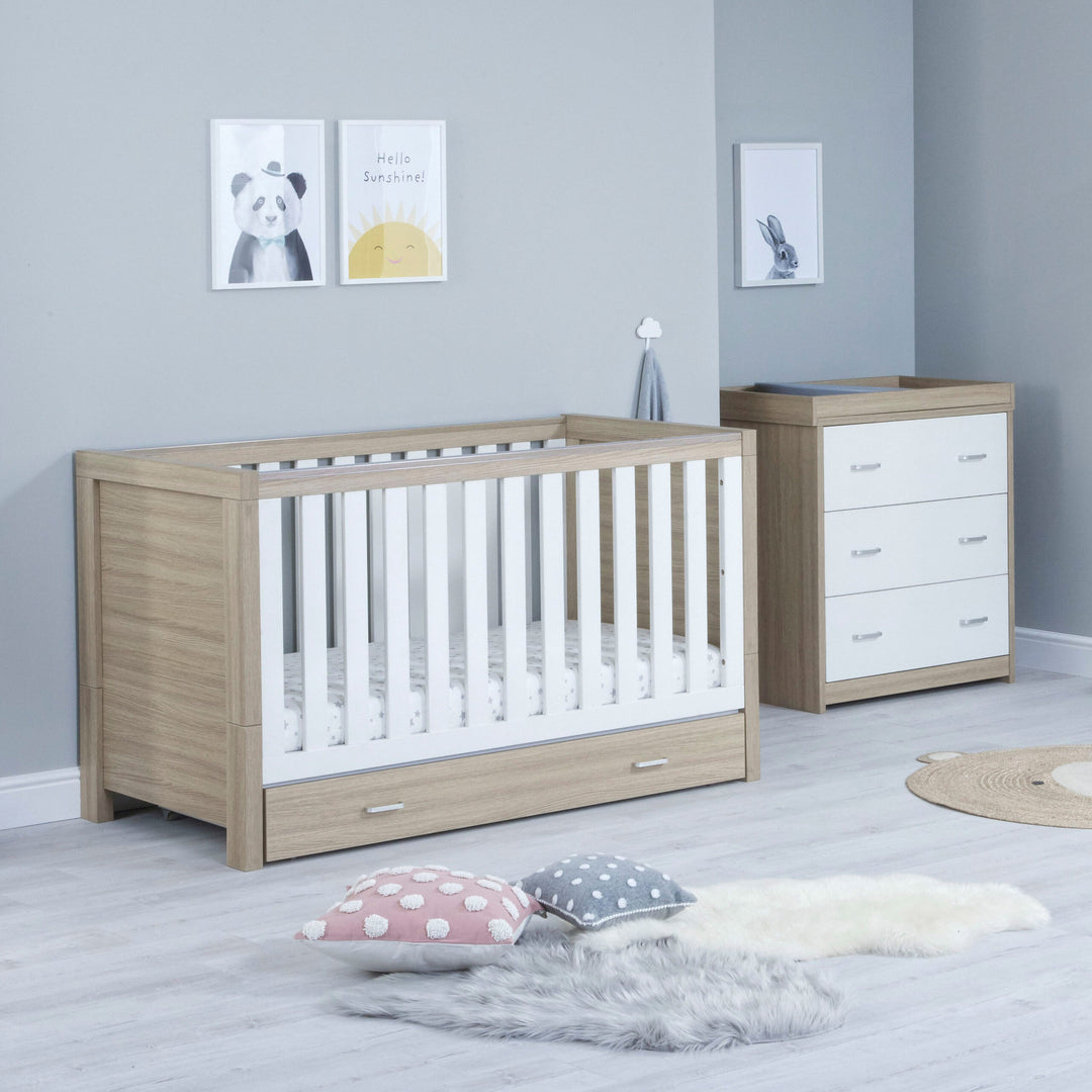 Babymore Luno 2 Piece Nursery Furniture Set with Under Drawer – Oak White