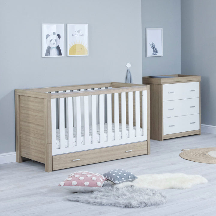 Babymore Luno 2 Piece Nursery Furniture Set with Under Drawer – Oak White