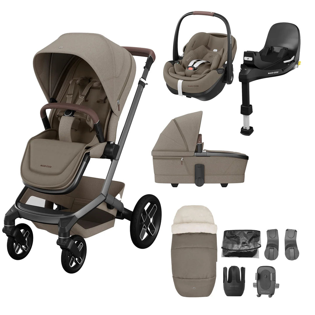 Maxi-Cosi Fame 14 Piece Premium Travel System + Home Bundle - Twillic Truffle/Black