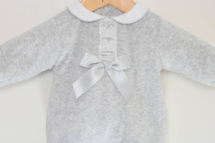 Pex Velour Bow Sleepsuit - Silver: 0-3M