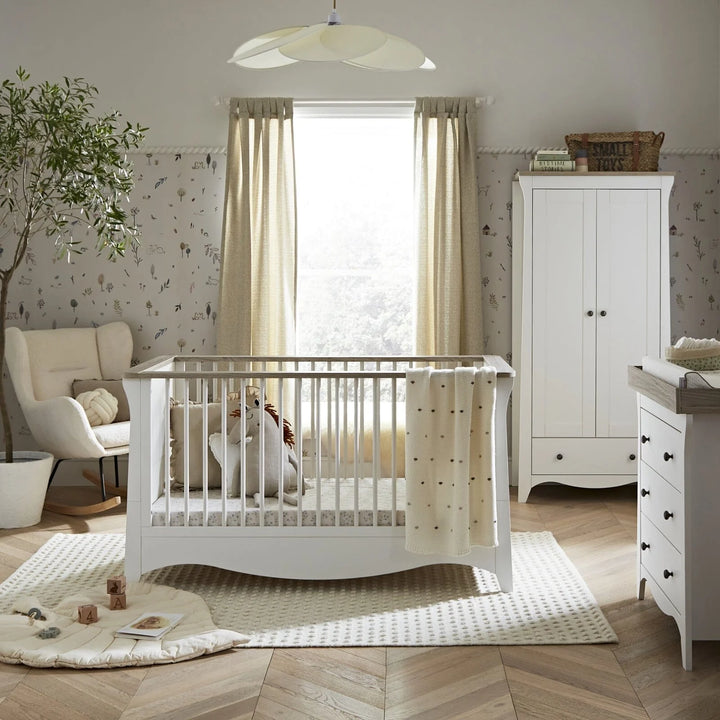 Clara 3 Piece Nursery Furniture Set (Cot Bed, Wardrobe & Dresser) - White & Ash