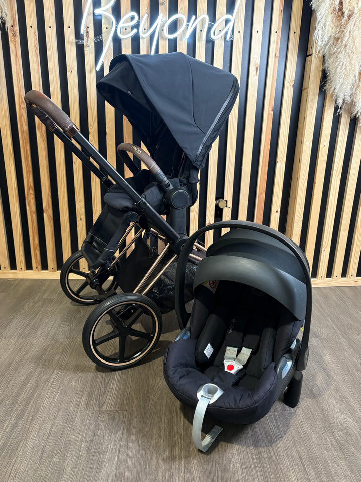 PRE LOVED Cybex Priam Pushchair inc. Cloud T Car Seat - Sepia Black on Rose Gold