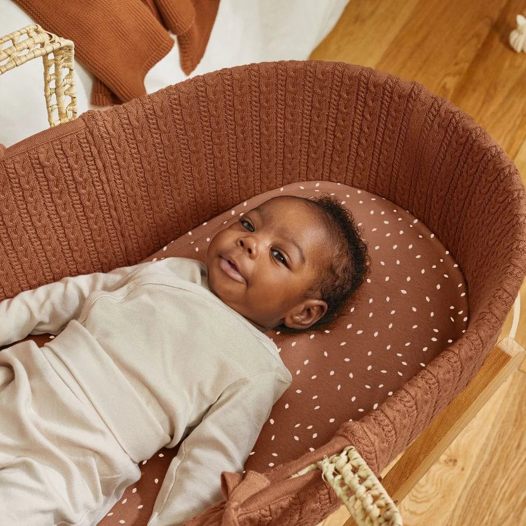 The Little Green Sheep Organic Knitted Moses Basket, Mattress & Natural Foldable Stand - Terracotta