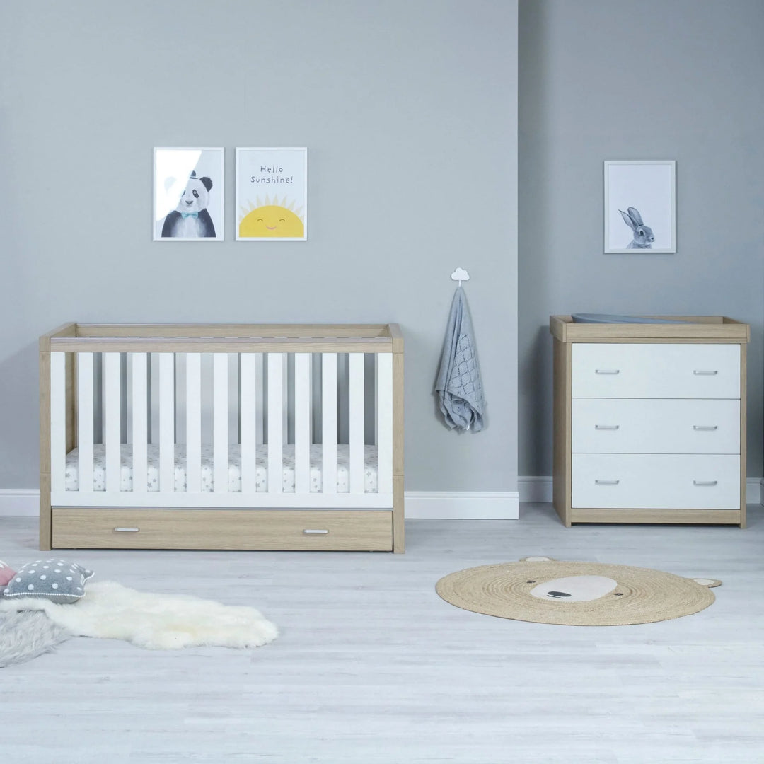 Babymore Luno 2 Piece Nursery Furniture Set with Under Drawer – Oak White