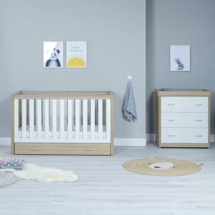 Babymore Luno 2 Piece Nursery Furniture Set with Under Drawer – Oak White