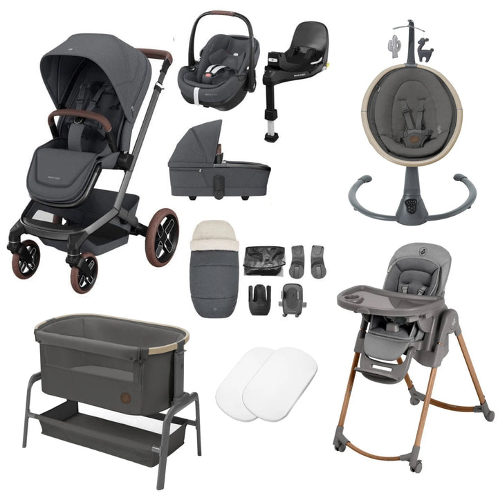 Maxi-Cosi Fame 14 Piece Premium Travel System + Home Bundle - Twillic Graphite/Brown