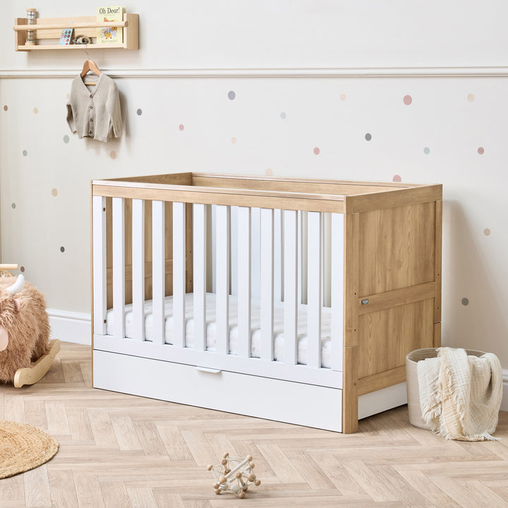 Tutti Bambini Riley Mini Cot Bed with Drawer - Maple Oak & White