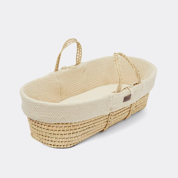 The Little Green Sheep Organic Wheat Knitted Moses Basket, Mattress & Walnut Rocking Stand - Linen