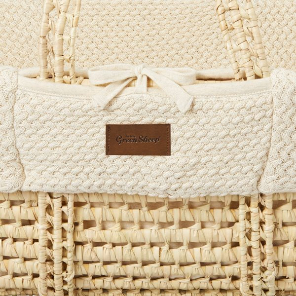 The Little Green Sheep Organic Wheat Knitted Moses Basket, Mattress & Walnut Rocking Stand - Linen