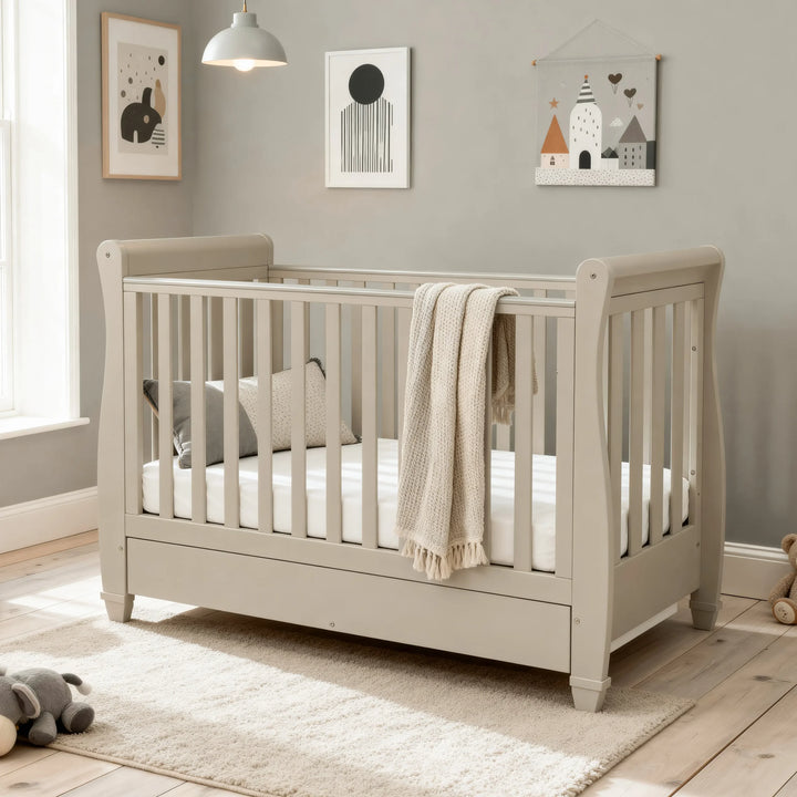 Babymore Eva Sleigh Cot Bed with Drawer – Cashmere