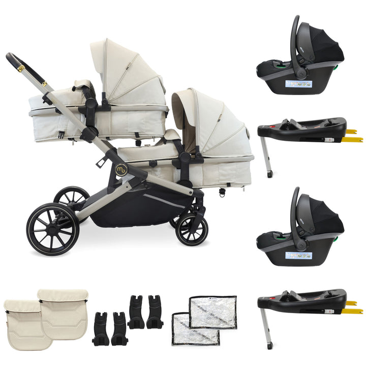 My Babiie MB33 Tandem Pushchair with 2 Infant Carriers & 2 Bases - Ivory