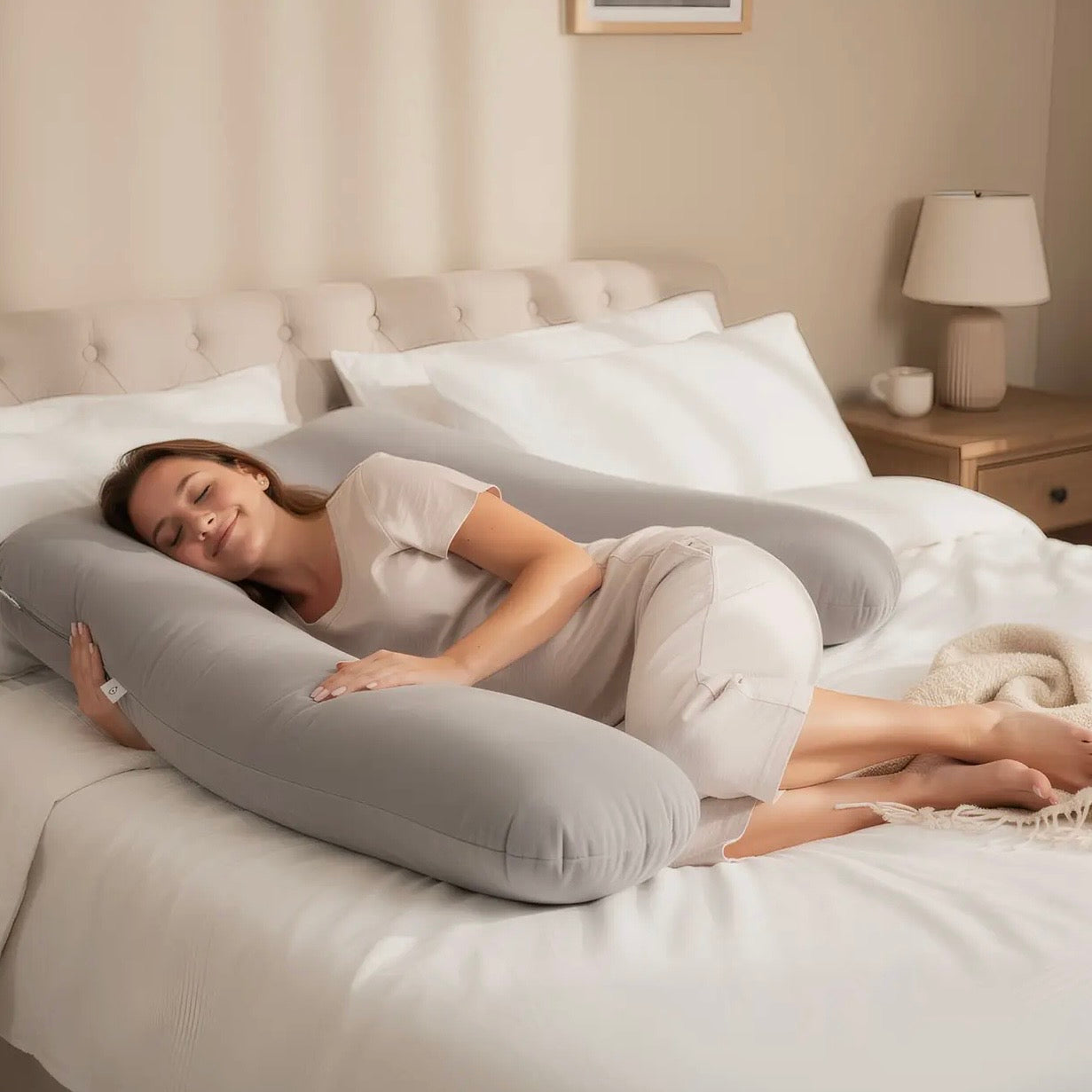 Full-Length U-Shaped Pregnancy Pillow with Storage Bag - Grey