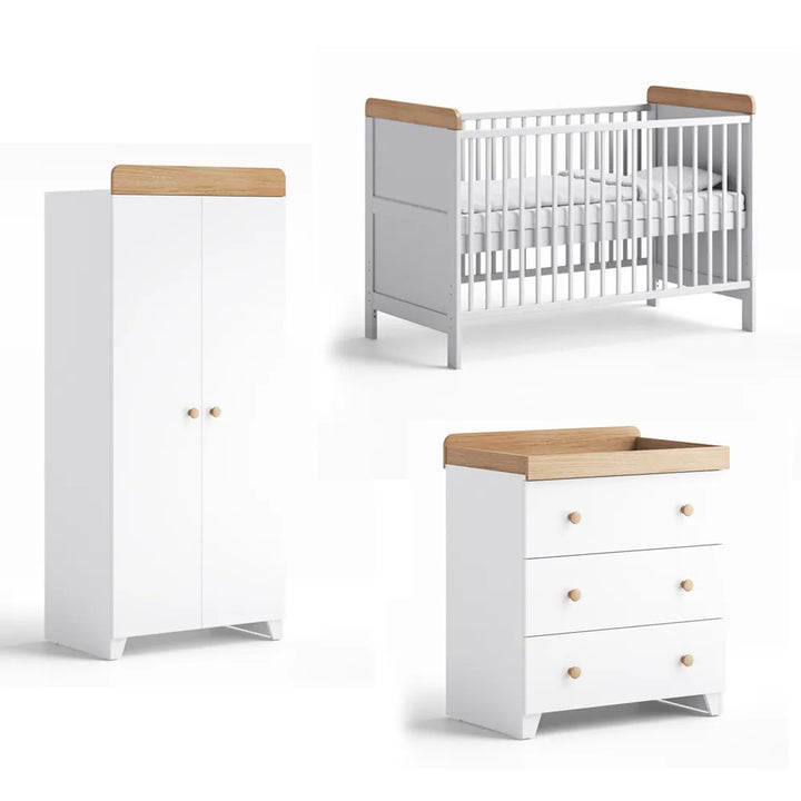 Little Acorns Classic 3 Piece Nursery Furniture Room Set Includes Cot Bed, Dresser & Wardrobe – White and Oak