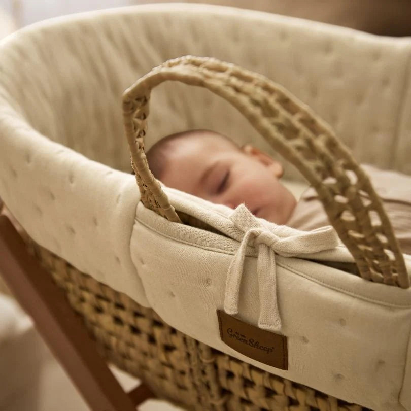 The Little Green Sheep Organic Dimple Quilted Moses Basket, Mattress & Walnut Rocking Stand - Linen