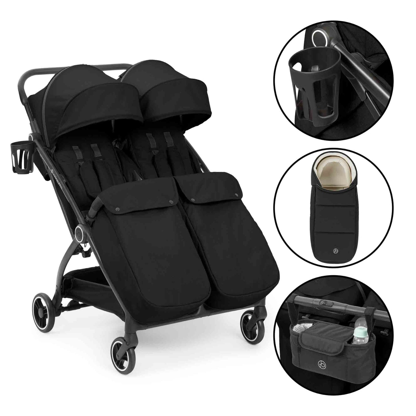 Ickle Bubba Aries Double Prime Autofold Stroller Bundle - Black
