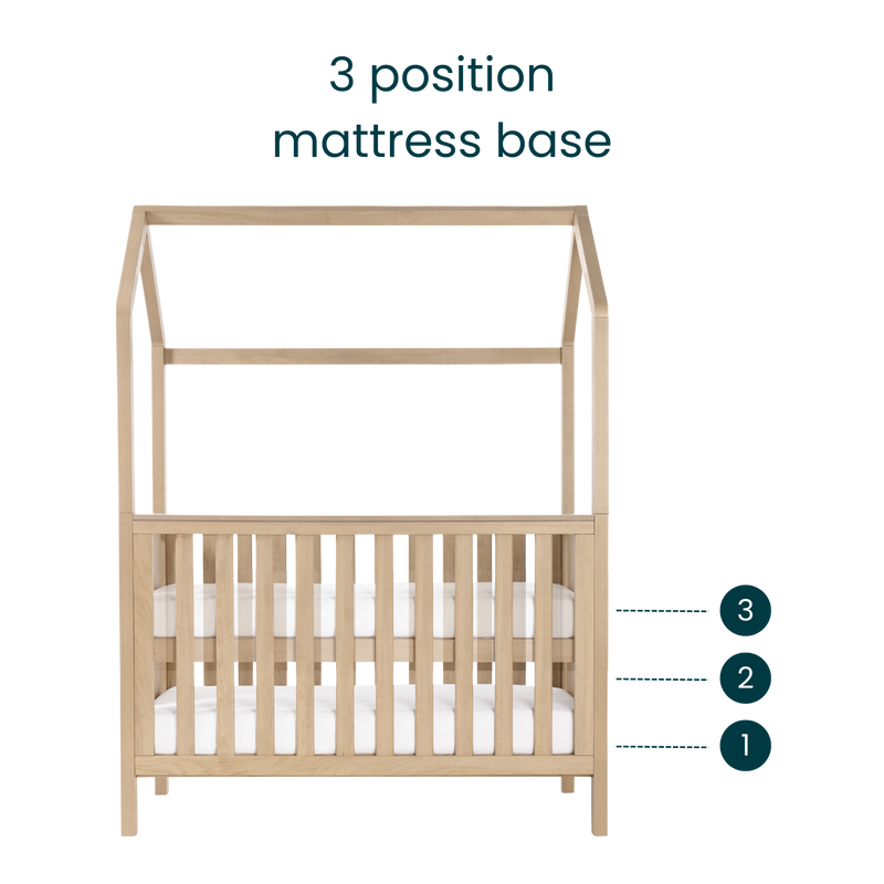 Tutti Bambini Casa 3 in 1 Mini Cot Bed + Roof Accessory Pack + Pocket Spring Mattress - Harvest Oak