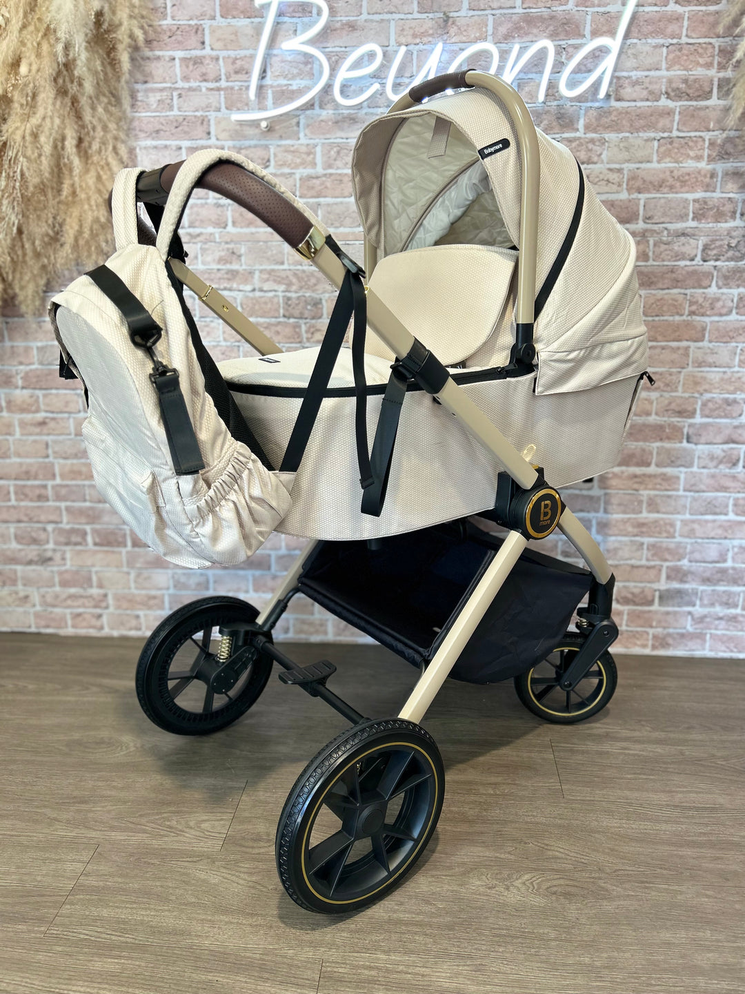 EX DISPLAY Babymore Kai Travel System Pecan with Base - Sandstone