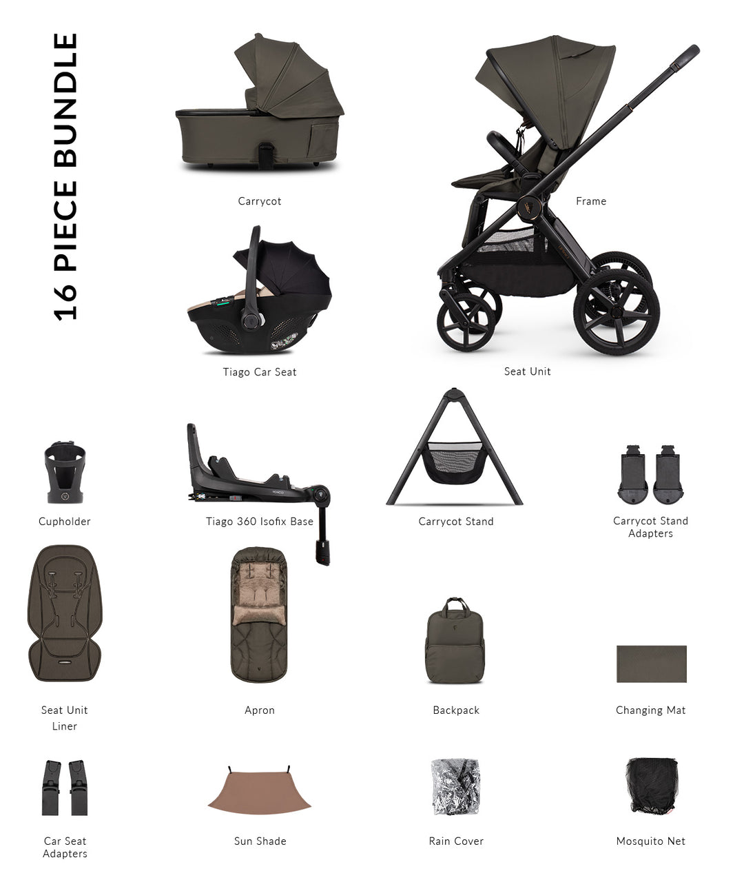 Venicci Upline3 Travel System Inc Tiago Car Seat & 360 Base 16 Piece Ultimate Bundle - Truffle