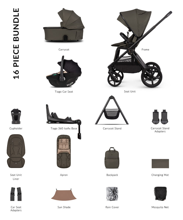 Venicci Upline3 Travel System Inc Tiago Car Seat & 360 Base 16 Piece Ultimate Bundle - Truffle
