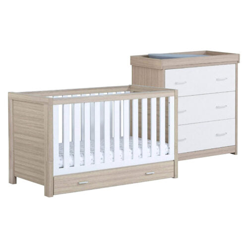 Babymore Luno 2 Piece Nursery Furniture Set with Under Drawer – Oak White