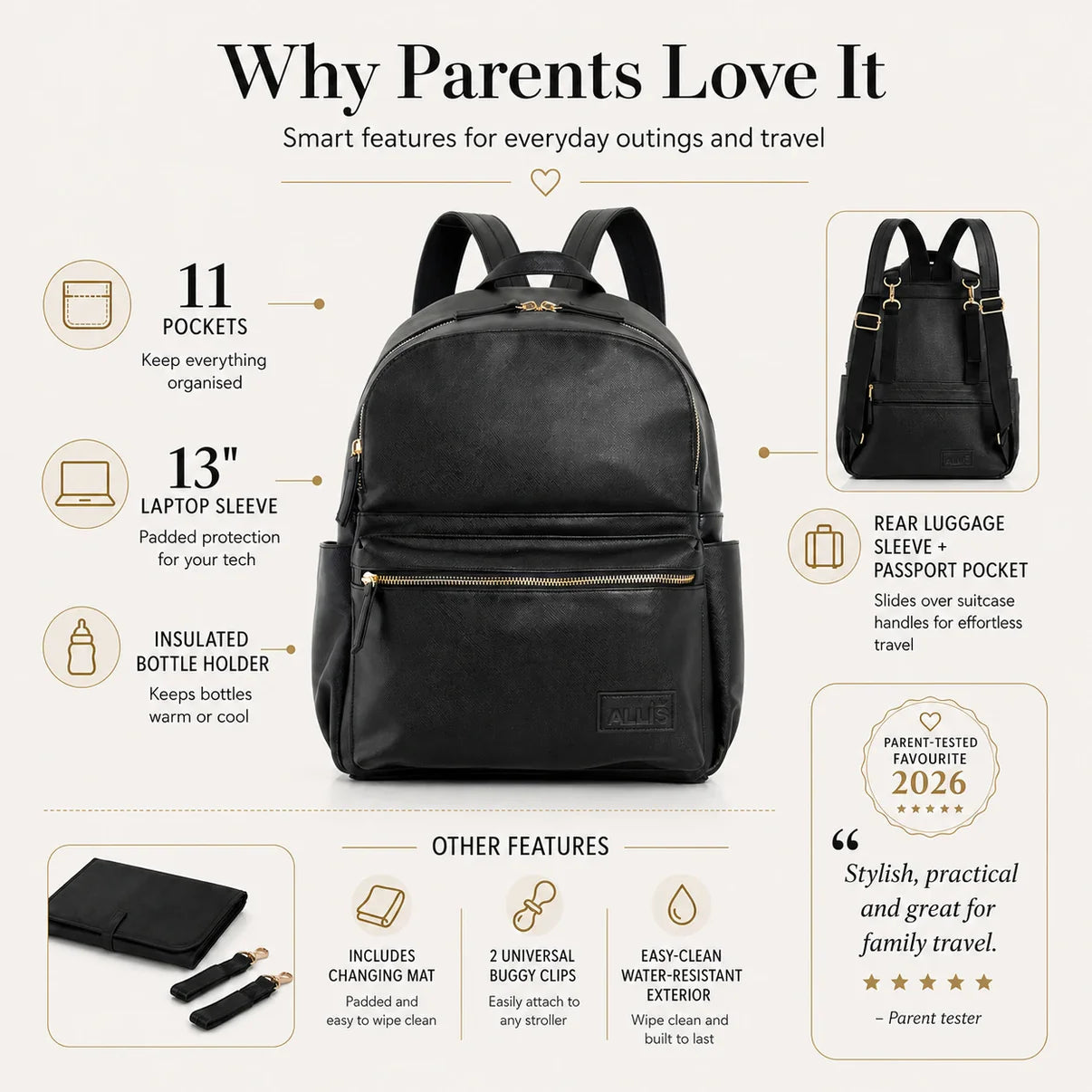 Kiin Allis Baby Lux Changing Backpack - Black