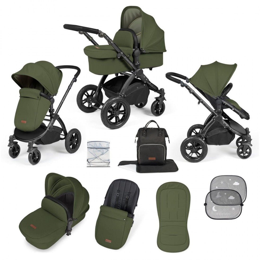 Ickle Bubba Stomp Luxe 9 Piece Pram Bundle - Woodland / Black