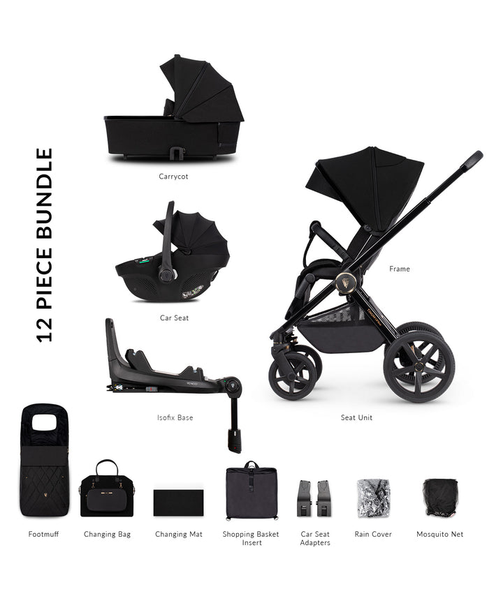 Venicci Tinum Upline Travel System Inc Tiago Car Seat + 360 Isofix Base - All Black